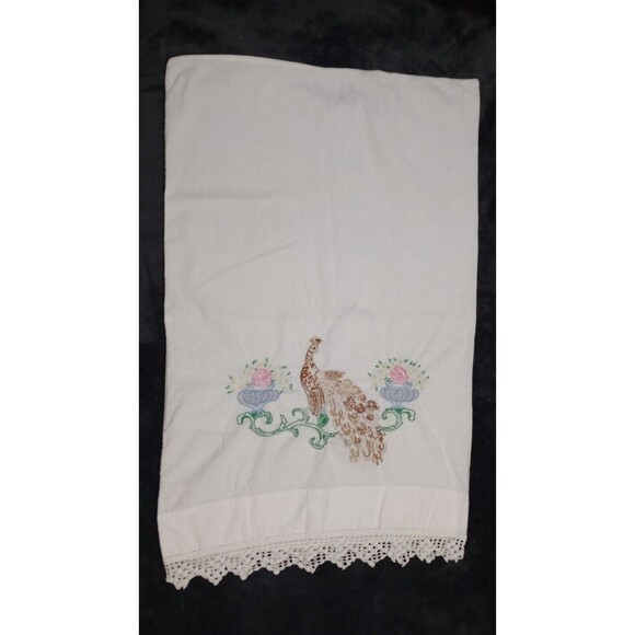 Peacocks Hand Embroidered Vintage Pillowcase Standard Single Cotton lace - Picture 1 of 7